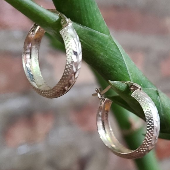 Sterling Silver Etched Small Hoop Earrings - Picture 4 of 12